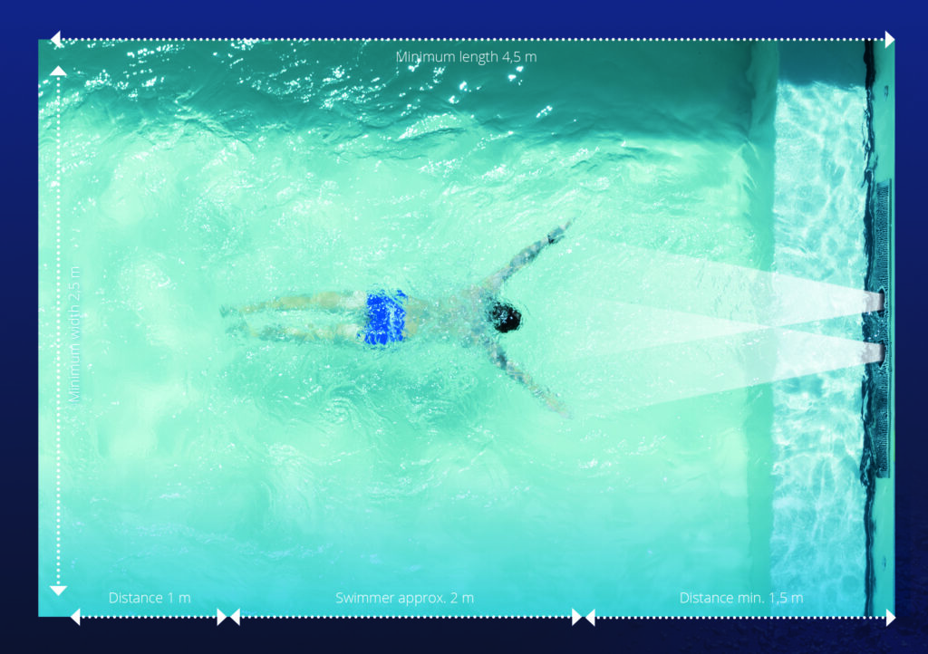 A swimmer swimming against a twin turbine SwimJet